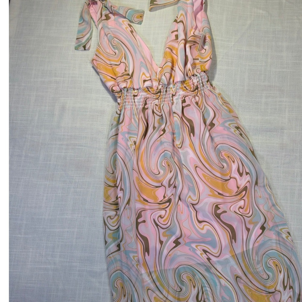 Liberty Love Boho  Pink Marble Swirl Halter Maxi Dress Smocked Waist Size M